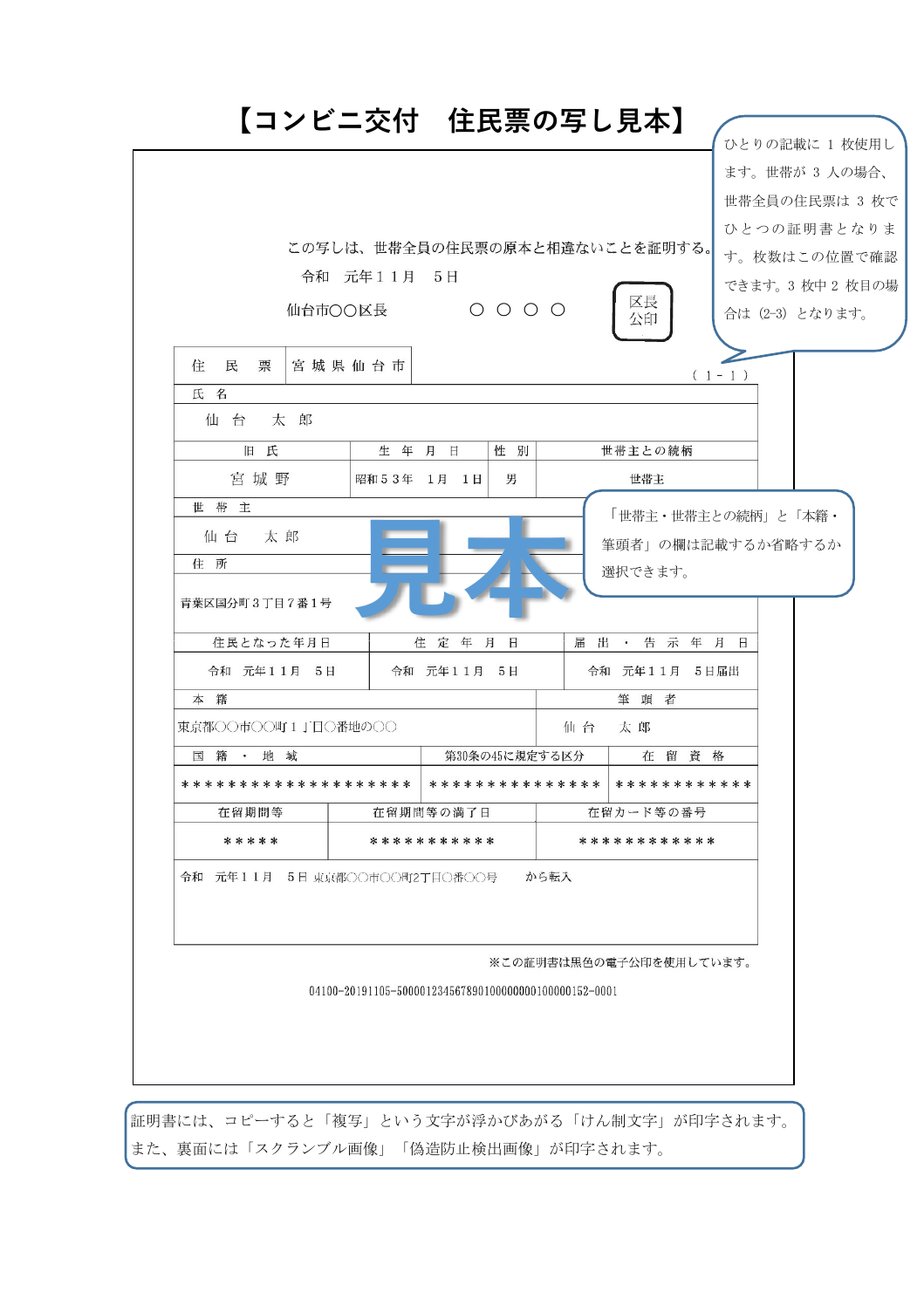 墨田区 住民票(個人票)样本(带逐栏注释)